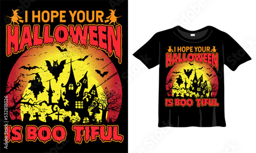 I hope your Halloween is boo-tiful - Halloween T-Shirt Design Template. Halloween T-Shirt with Boo, Night, Moon, Witch. Night background T-Shirt for print.