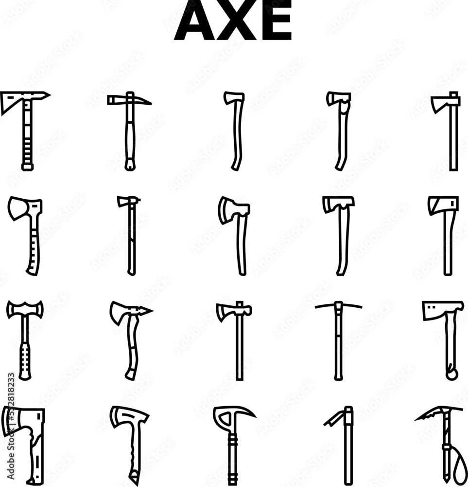 axe ax hatchet wood weapon icons set vector. tool equipment, blade lumberjack, tree, work forest, wooden steel, lumber sharp axe ax hatchet wood weapon black contour illustrations axe ax hatchet wood weapon icons set vector. tool equipment, blade lumberjack, tree, work forest, wooden steel, lumber sharp axe ax hatchet wood weapon black contour illustrations