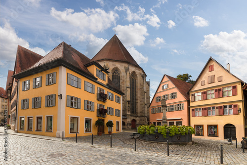 View of the old medieval town with colorful houses in the old town of Dinkelsbühl, Bavaria, Germany.