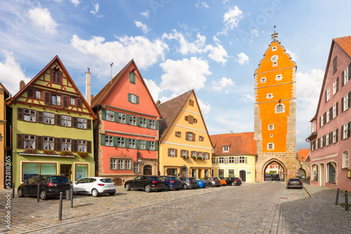 View of the Woernitz Gate of the old medieval town with half-timbered houses in the old town of Dinkelsbuehl, Bavaria, Germany.