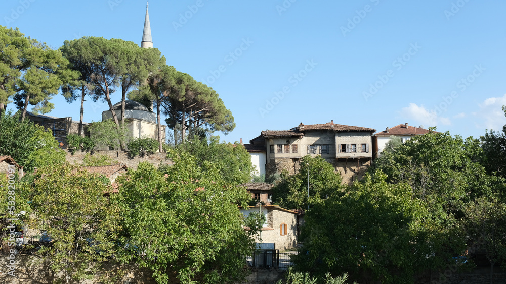An old house and mosque among the trees. Birgi, Odemis, Izmir, Turkey