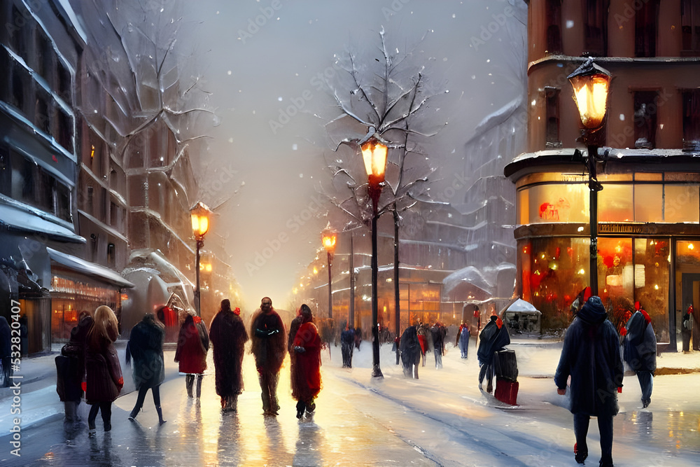 Christmas shopping in a snowy town during winter painted on a canvas with oil paint - illustration