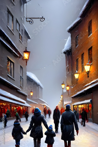 Christmas shopping in a snowy town during winter painted on a canvas with oil paint - illustration