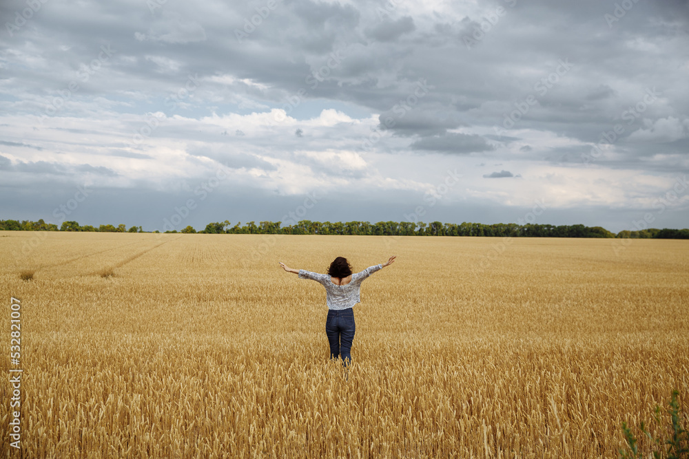 A girl in a field of yellow wheat on the background of a rainy sky A girl in a field of yellow wheat on the background of a rainy sky