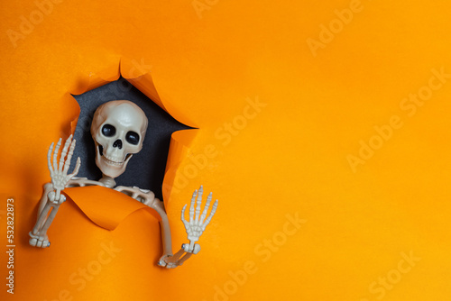 Happy Halloween. Cute little toy Skeleton waves a bony hand through a torn paper hole on a bright orange background, copy space, Minimalism