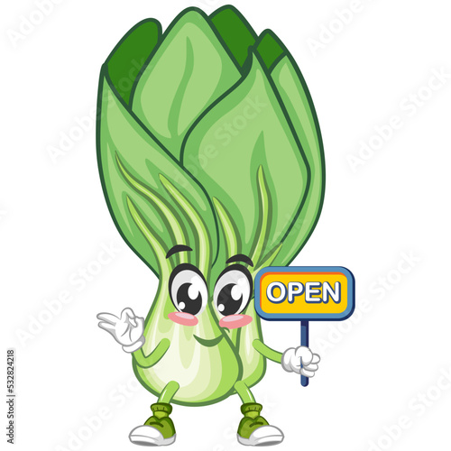 vector illustration of vintage cartoon character of lettuce Bok choy with a sign that says open