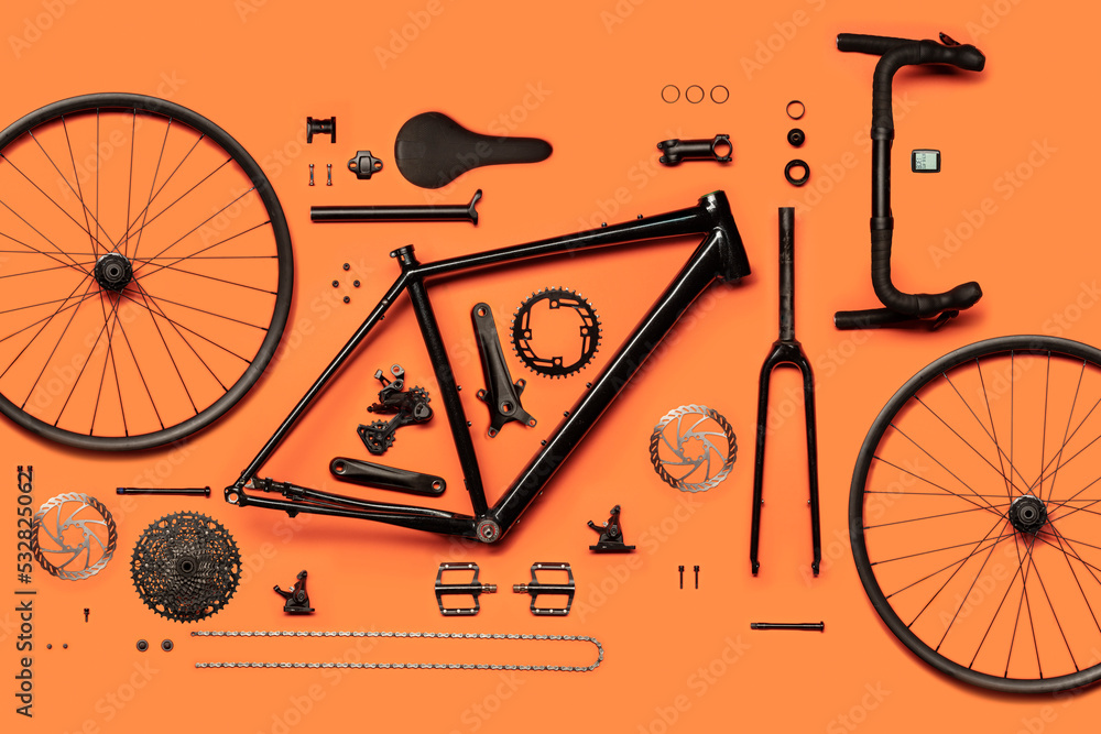 Gravel bicycle divided into its components. zenithal view, 10 gear