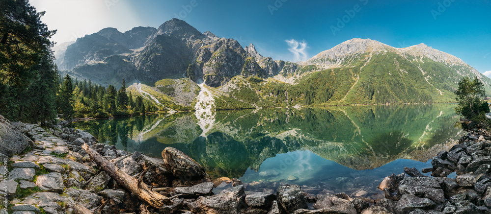 Tatra National Park, Poland. Panorama Famous Mountains Lake Morskie Oko Or Sea Eye Lake In Summer Morning. Five Lakes Valley. Beautiful Scenic View. European Nature. UNESCO's World Network of