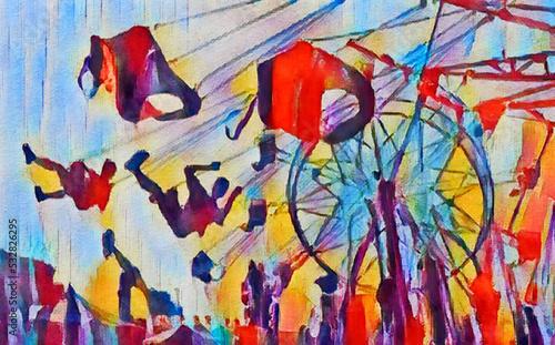 People are seen riding a carnival flying swing ride on the midway at a fair. This is a digital watercolor image. photo
