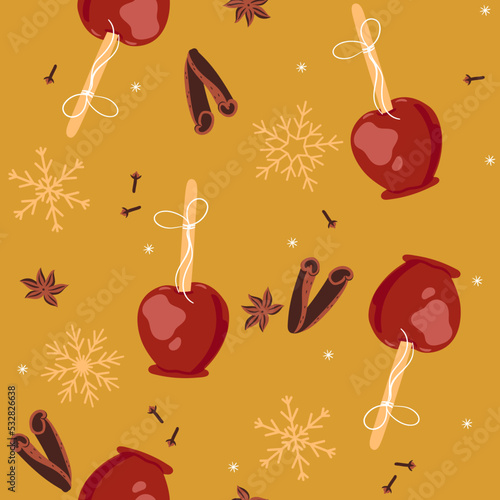 Seamless pattern with caramel apples on a yellow background. Vector graphics.