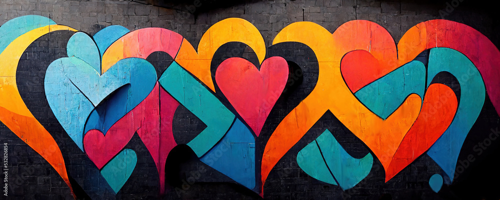 graffiti with a heart shape as a love symbol on black wall  - obrazy, fototapety, plakaty 