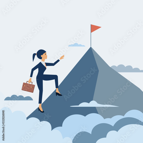 Businesswomen climbing mountains to the flag go to success. Woman leadership concept. woman with flag on the mountain and sky background. success business flat cartoon vector illustration