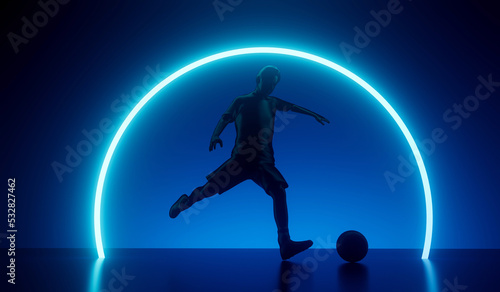 Silhouette of a football player kicking a ball with an abstract futuristic neon glow. 3D Rendering © ink drop