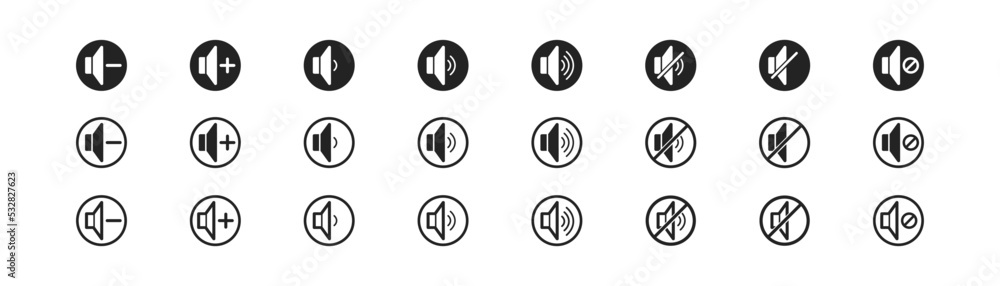 music and sound icon set, media player buttons, multimedia symbol, audio interface, speaker icon, silhouetes in circles music and sound icon set, media player buttons, multimedia symbol, audio interface, speaker icon, silhouetes in circles