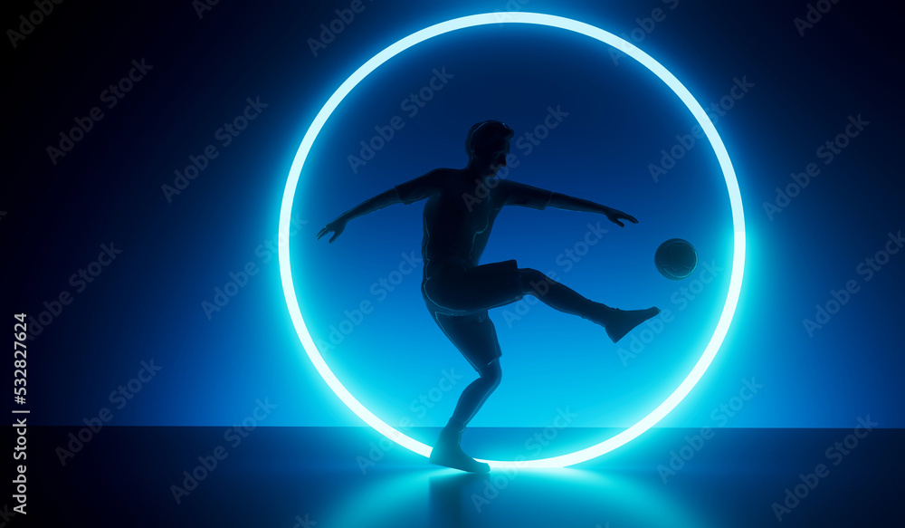 Silhouette of a football player kicking a ball with an abstract futuristic neon glow. 3D Rendering