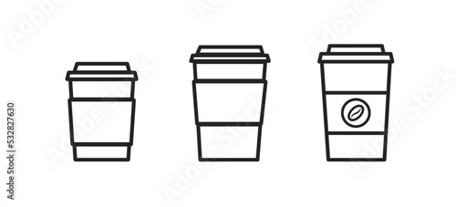 coffee cup icons set on white background, coffe break illustration, capuccino paper cup, morning enenrgy concept, latte sign, vector illustration