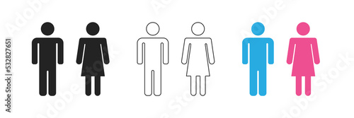 WC sign symbol, toilet icon man woman, gender pictogram, flat vector