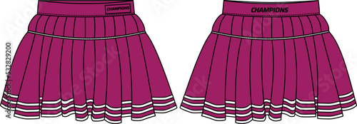 Women cheerleader pleated mini skirt uniform jersey design flat sketch fashion Illustration for girls and Ladies, Tennis skirt concept with front and back view for running and tracking active wear.