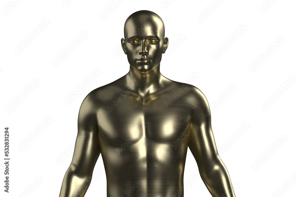 3D illustration of a male gold torso on a white background. metal mannequin.