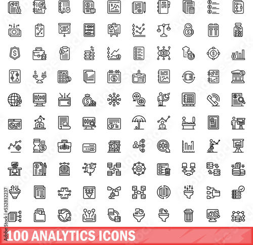 100 analytics icons set. Outline illustration of 100 analytics icons vector set isolated on white background