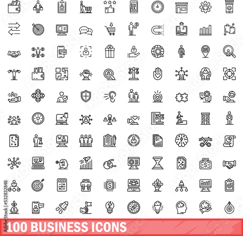 100 business icons set. Outline illustration of 100 business icons vector set isolated on white background