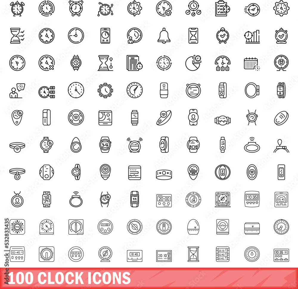 100 clock icons set. Outline illustration of 100 clock icons vector set isolated on white background 100 clock icons set. Outline illustration of 100 clock icons vector set isolated on white background