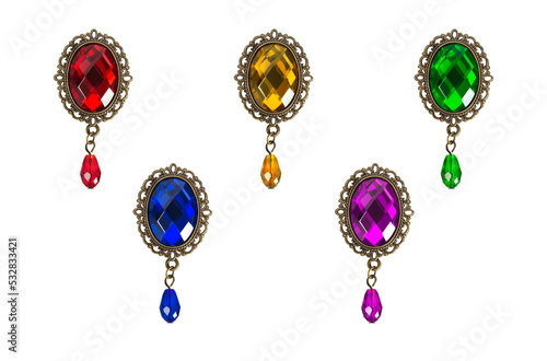 5 colorful vintage victorian brooches, fashion accessories, isolated photo.