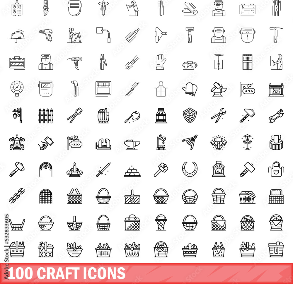 100 craft icons set. Outline illustration of 100 craft icons vector set isolated on white background