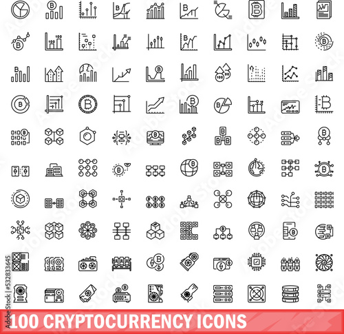 100 cryptocurrency icons set. Outline illustration of 100 cryptocurrency icons vector set isolated on white background