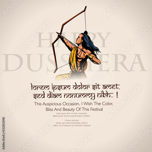 Greeting card with bow and illustration of Lord Rama killing Ravana in Navratri festival of India with hindi text meaning Dussehra (Hindu holiday Vijayadashami). Vector illustration.