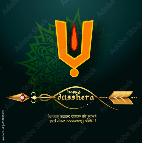Greeting card with bow and illustration of Lord Rama killing Ravana in Navratri festival of India with hindi text meaning Dussehra (Hindu holiday Vijayadashami). Vector illustration.