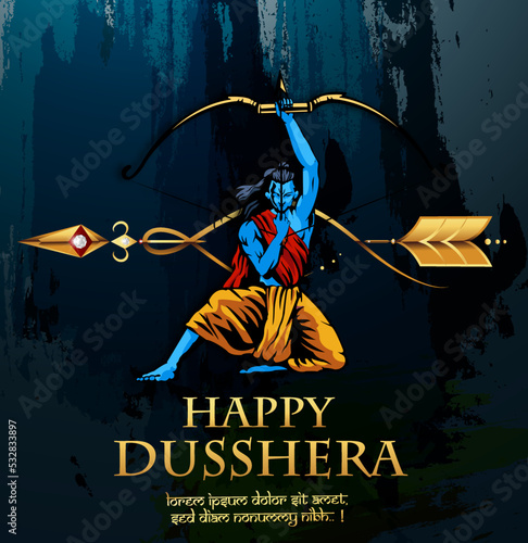 Greeting card with bow and illustration of Lord Rama killing Ravana in Navratri festival of India with hindi text meaning Dussehra (Hindu holiday Vijayadashami). Vector illustration.