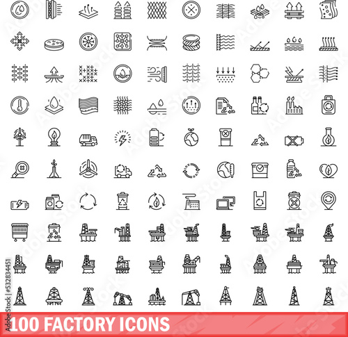 100 factory icons set. Outline illustration of 100 factory icons vector set isolated on white background