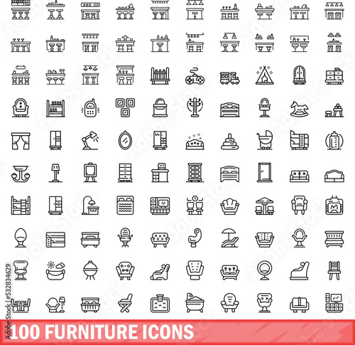 100 furniture icons set. Outline illustration of 100 furniture icons vector set isolated on white background