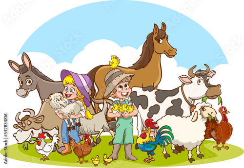 farmer kids and farm animal