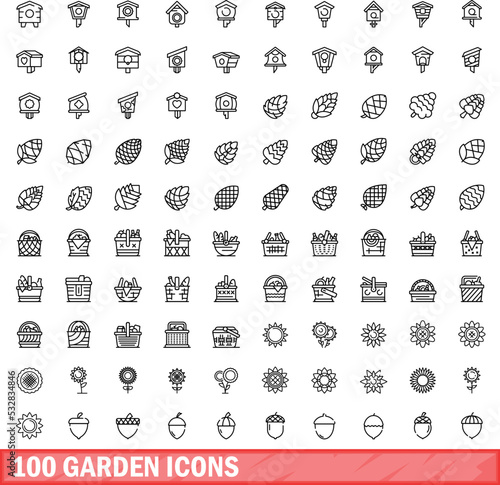 100 garden icons set. Outline illustration of 100 garden icons vector set isolated on white background
