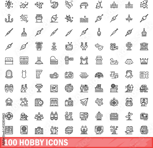 100 hobby icons set. Outline illustration of 100 hobby icons vector set isolated on white background