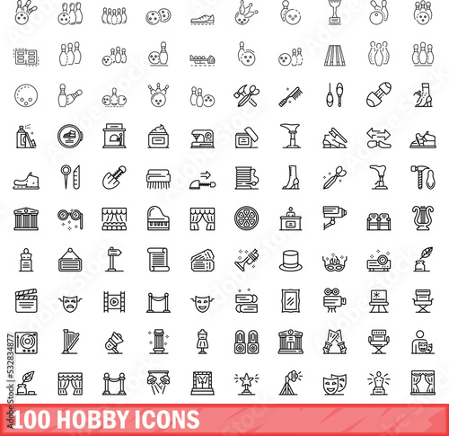 100 hobby icons set. Outline illustration of 100 hobby icons vector set isolated on white background