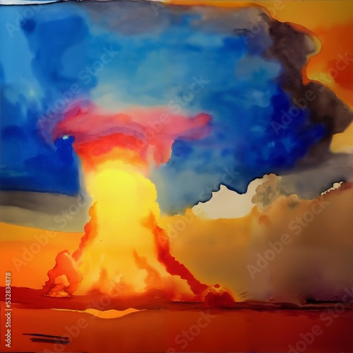 a watercolor illustration of a nuclear explosion mushroom cloud created with generative ai technology