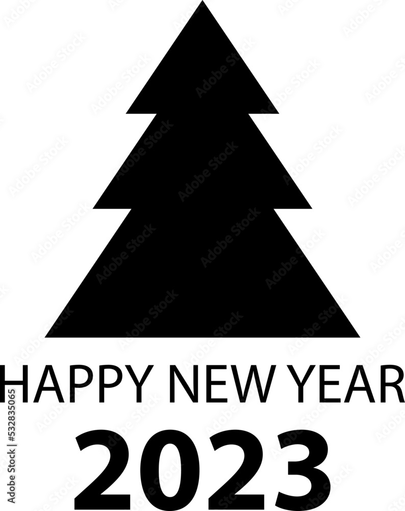 Happy new year 2023, vector. Black icon isolated on white background happy new year 2023. Christmas tree. Happy new year 2023, vector. Black icon isolated on white background happy new year 2023. Christmas tree.