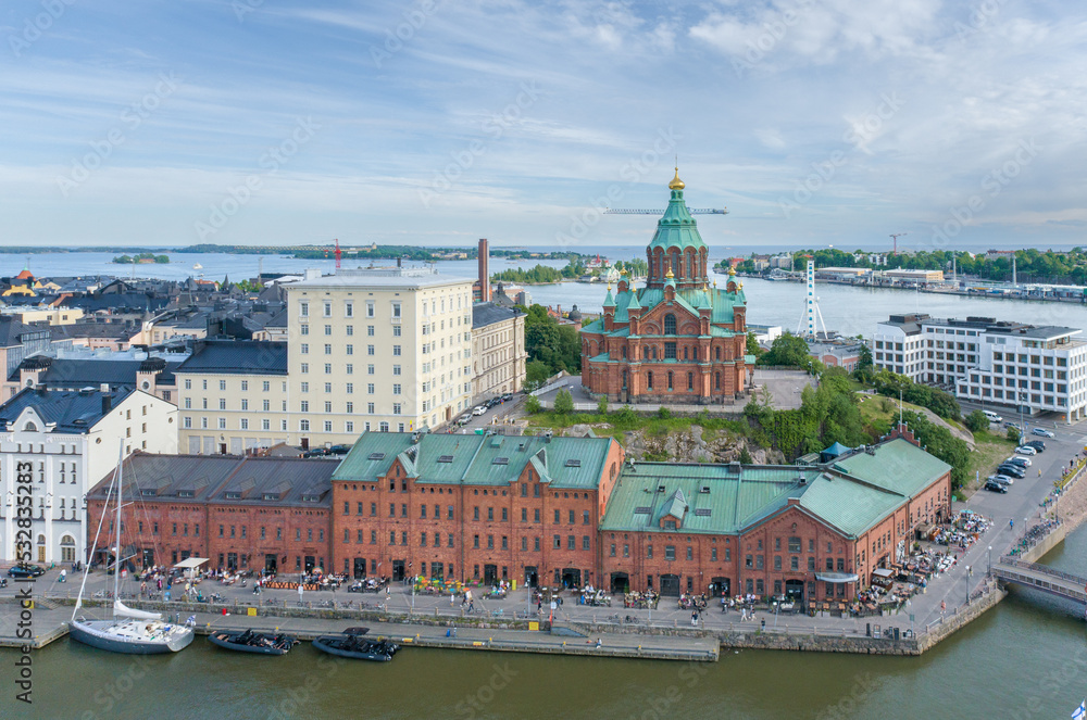 Uspenski Cathedral in Helsinki, Finland. Drone Point of View.