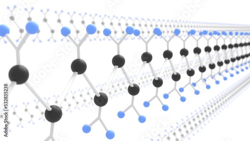 polymer molecular chain structure 3d representarion, polymerization process can be used to describe plastic molecules, a macromolecule cellulose or hydrocarbon chemistry industry photo