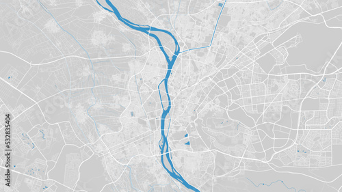 Nile river map, Cairo city, Egypt. Watercourse, water flow, blue on grey background road street map. Detailed vector illustration.