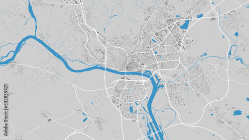 Danube river map, Bratislava city, Slovakia. Watercourse, water flow, blue on grey background road street map. Detailed vector illustration.