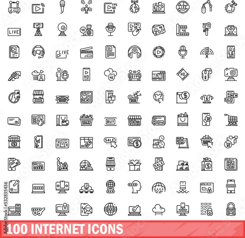 100 internet icons set. Outline illustration of 100 internet icons vector set isolated on white background photo