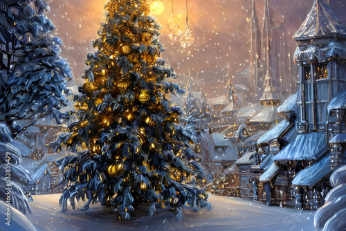 Dreamy Christmas tree with Christmas decorations in a snowy winter landscape digital painting - illustration