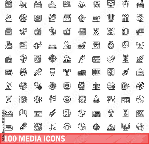 100 media icons set. Outline illustration of 100 media icons vector set isolated on white background