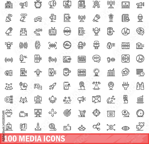 100 media icons set. Outline illustration of 100 media icons vector set isolated on white background