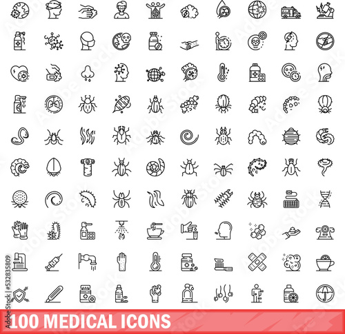 100 medical icons set. Outline illustration of 100 medical icons vector set isolated on white background