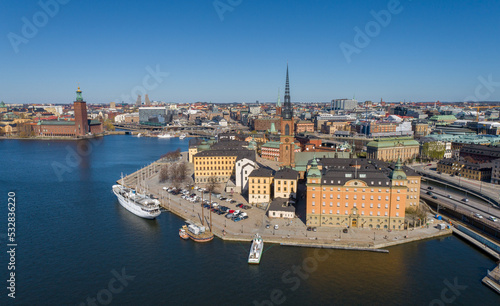 Stockholm Cityscape in Sweden. Old Town Architecture. Drone Point of View.